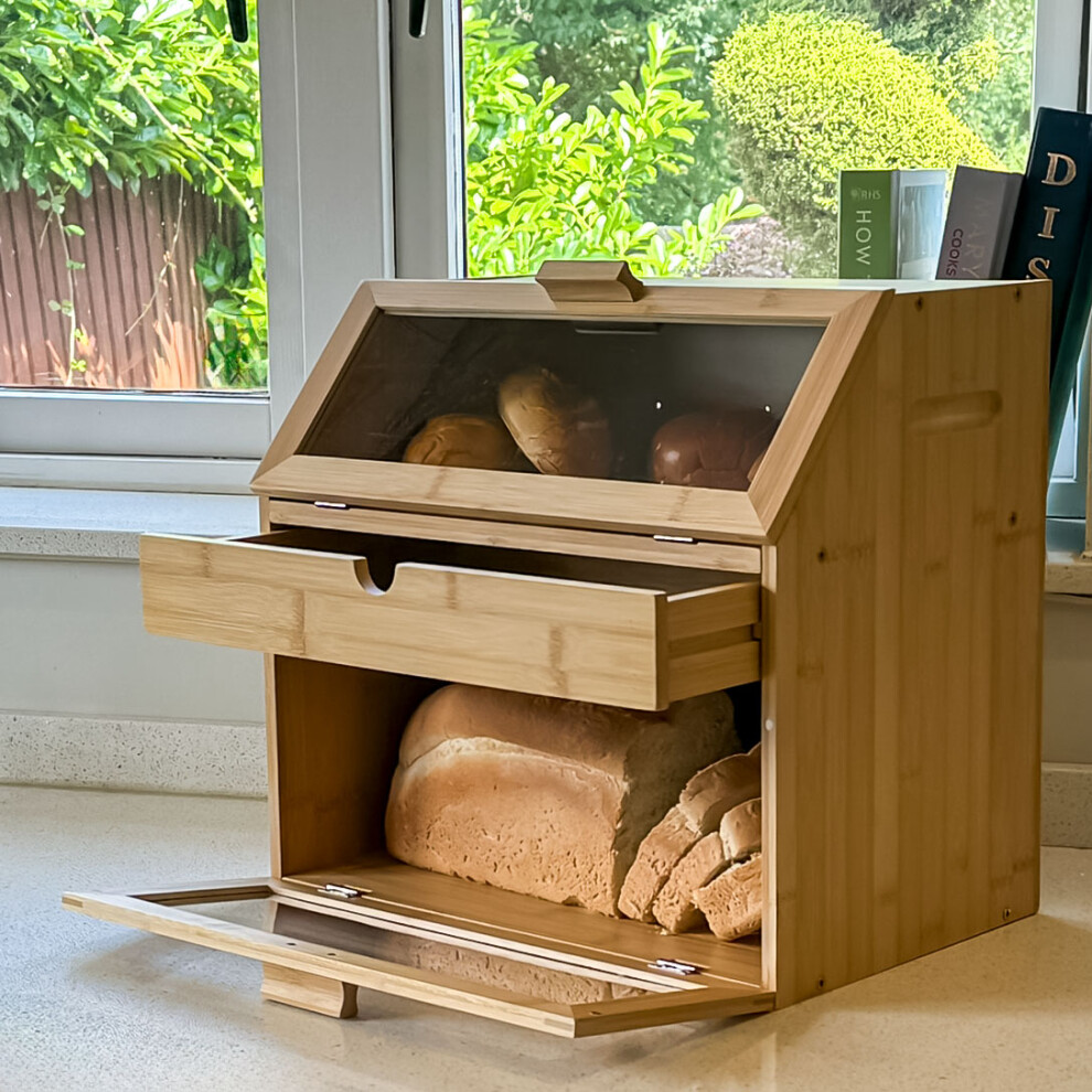 3 Compartment Bamboo Bread Bin Storage Rack Box With Drawer