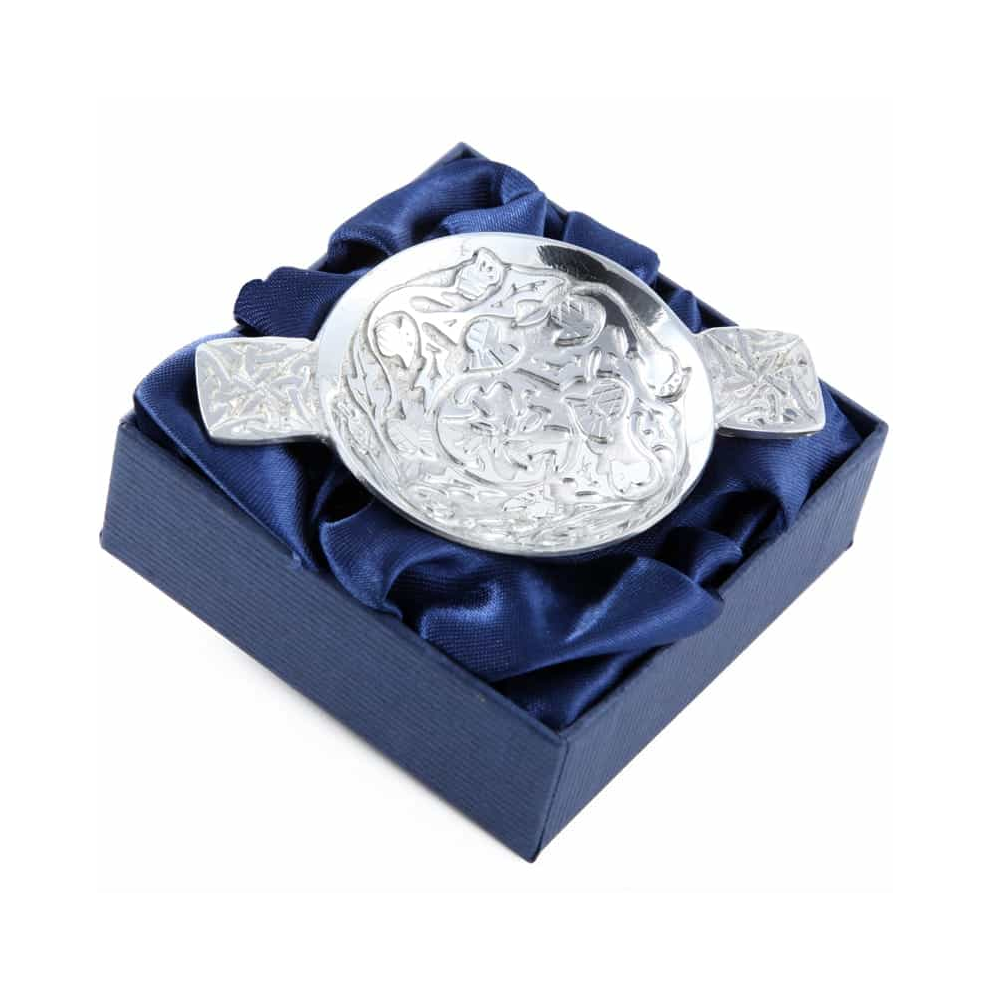 Mini Scottish Ever Lasting Thistle Swirl Design Scottish Pewter Toasting Quaich Pewtermill