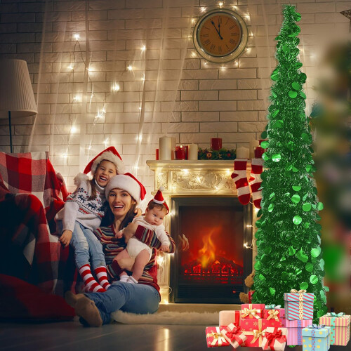 5 FT Collapsible Christmas Tinsel Tree Green Pop-Up Artificial Tree
