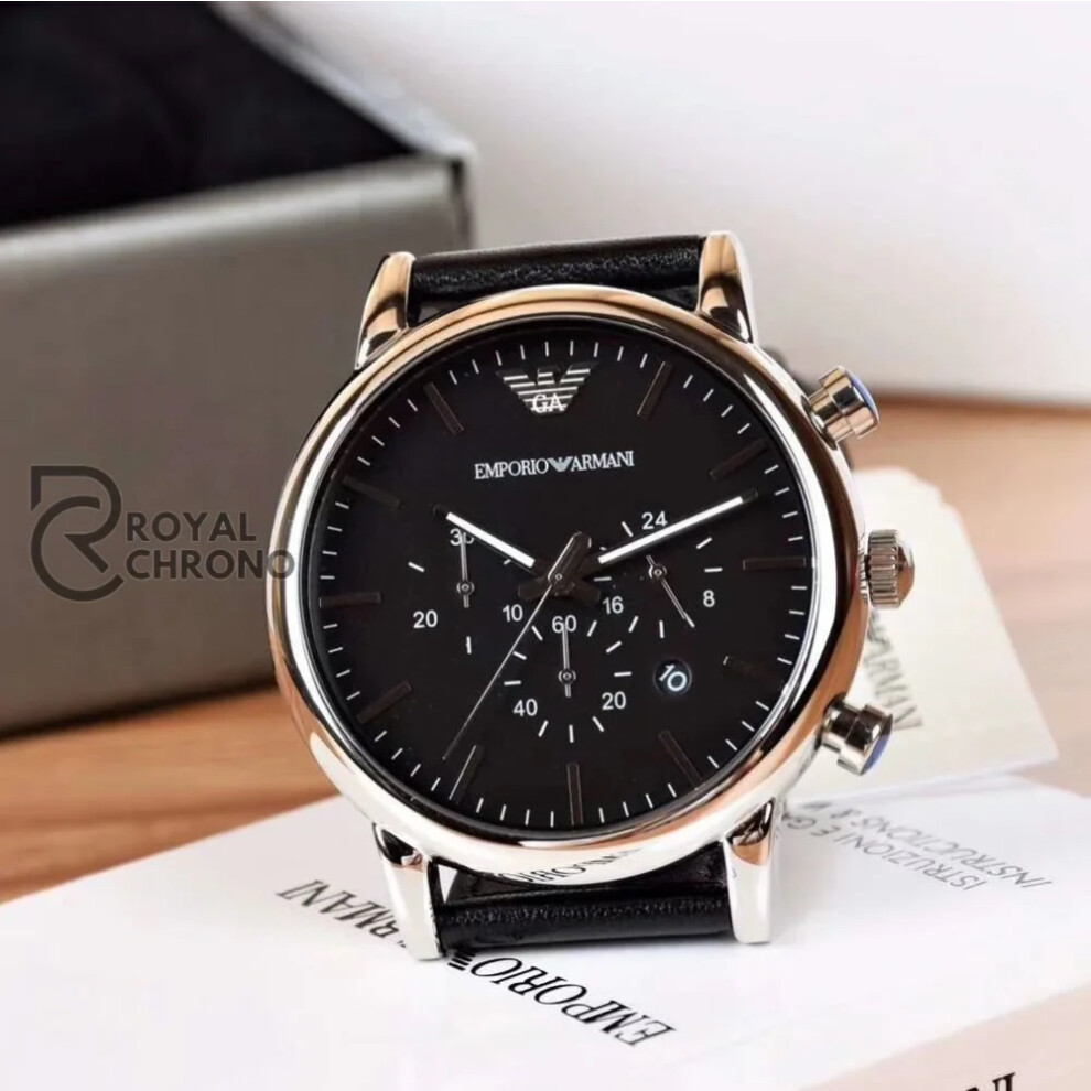 EMPORIO ARMANI MEN WATCH AR8029 BLACK STRAP BLACK DIAL SILVER CASE