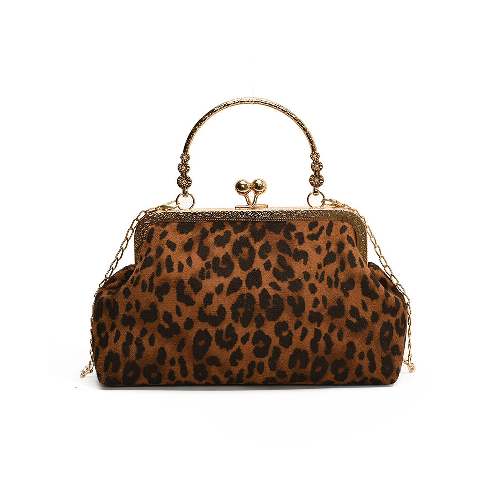 (Dark Brown) Stylish Box Shaped Leopard Print Handbag For Women With Unique Metal Lock Closure