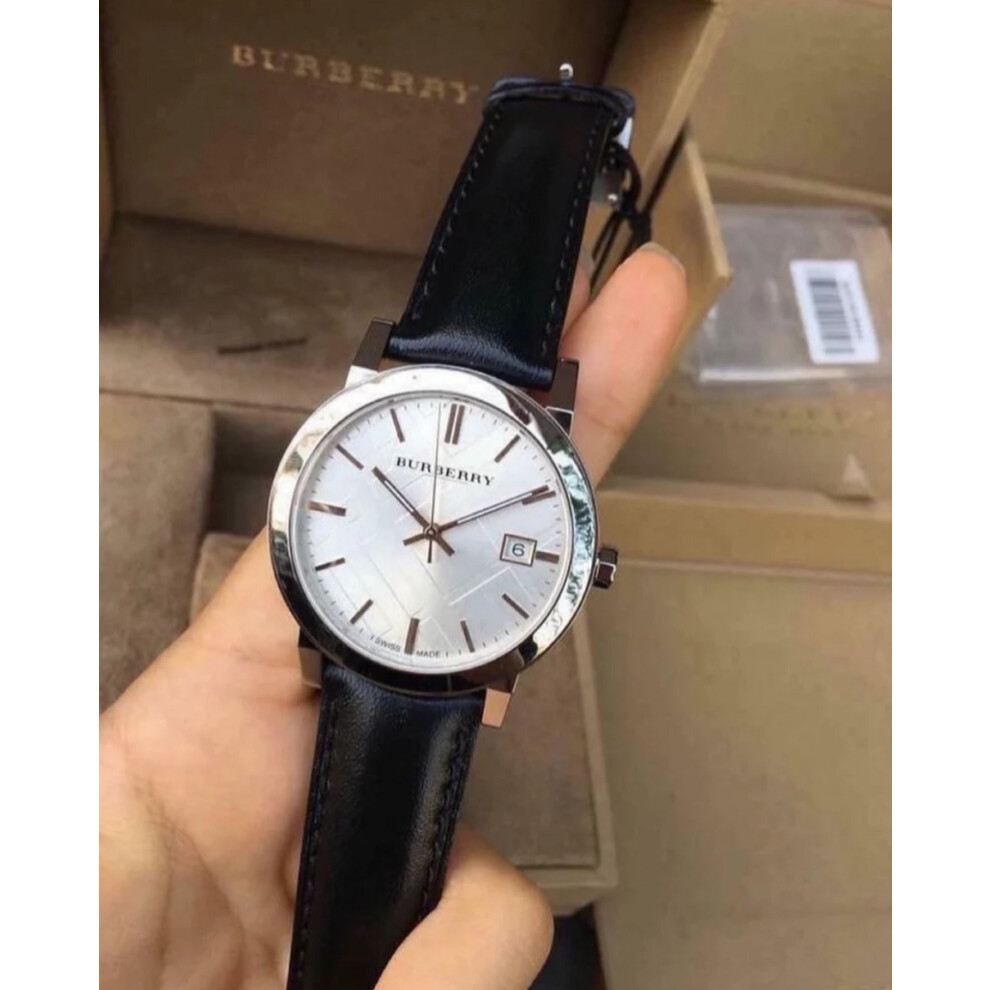 BURBERRY BU9008 UNISEX WATCH BLACK STRAP SILVER DIAL SILVER CASE