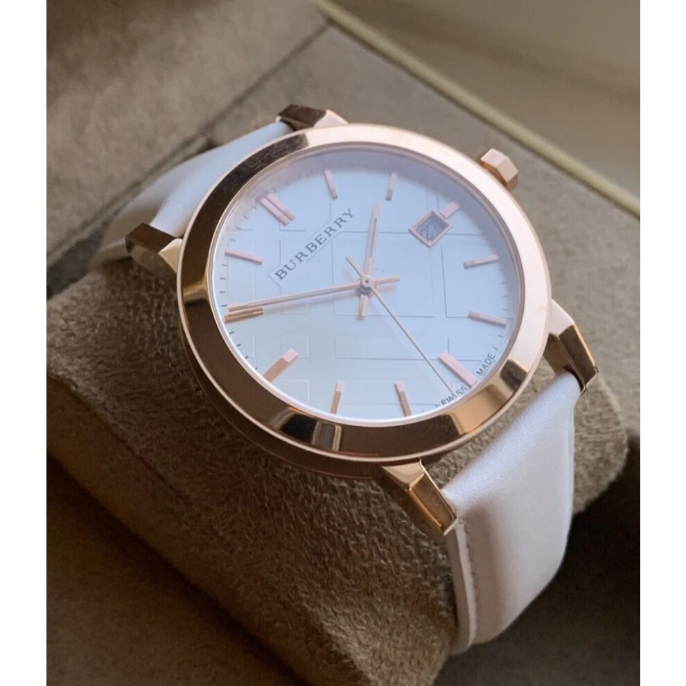 BURBERRY BU9012 UNISEX WATCH WHITE STRAP WHITE DIAL ROSE GOLD CASE