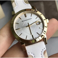 BURBERRY BU9015 UNISEX WATCH WHITE LEATHER STRAP WHITE DIAL GOLD CASE