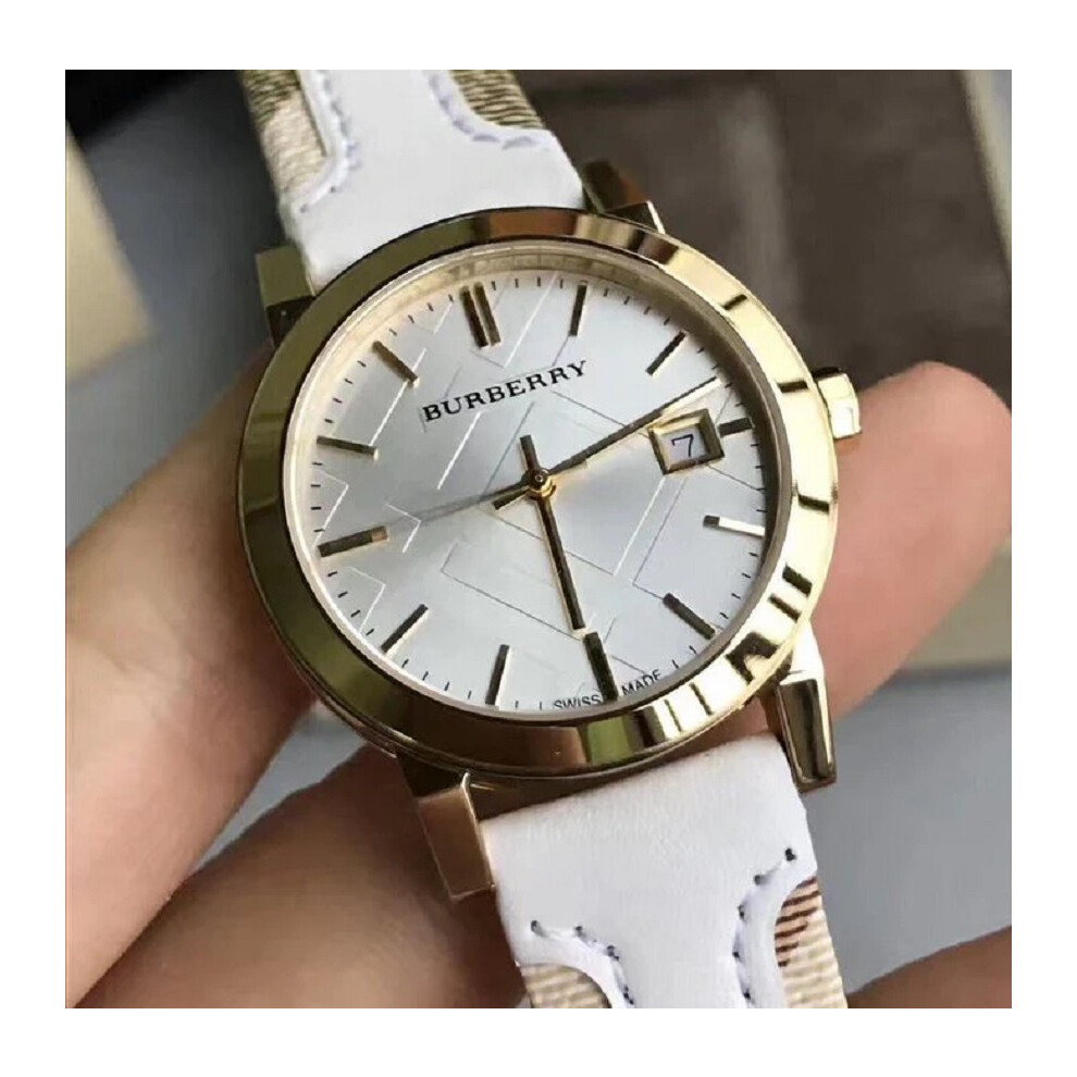 BURBERRY BU9015 UNISEX WATCH WHITE LEATHER STRAP WHITE DIAL GOLD CASE