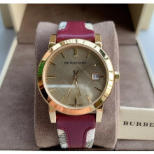 BURBERRY BU9017 UNISEX WATCH MAROON STRAP BEIGE DIAL ROSE GOLD CASE