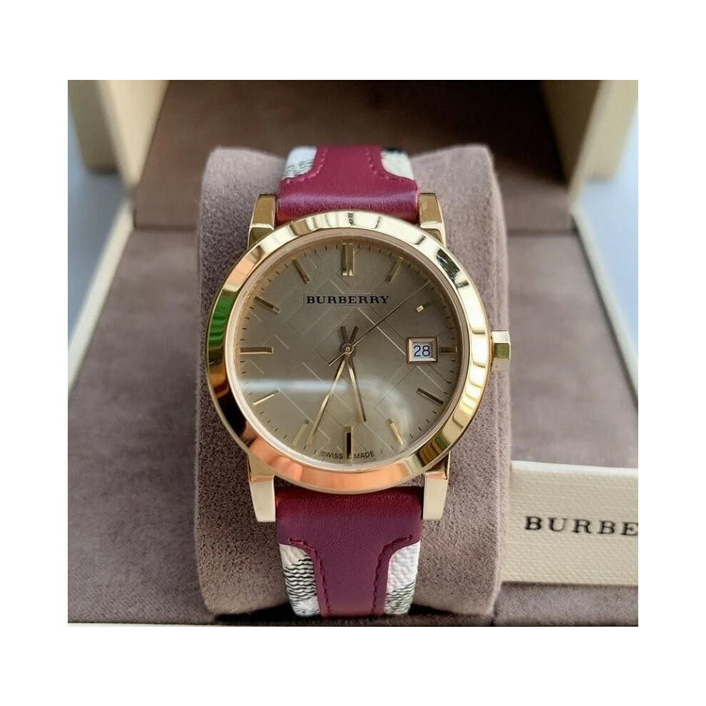 BURBERRY BU9017 UNISEX WATCH MAROON STRAP BEIGE DIAL ROSE GOLD CASE