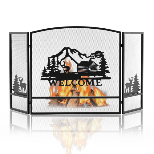 Casart 3-Panel Folding Fire Screen 75cm Tall Mesh Spark Guard w/Pattern