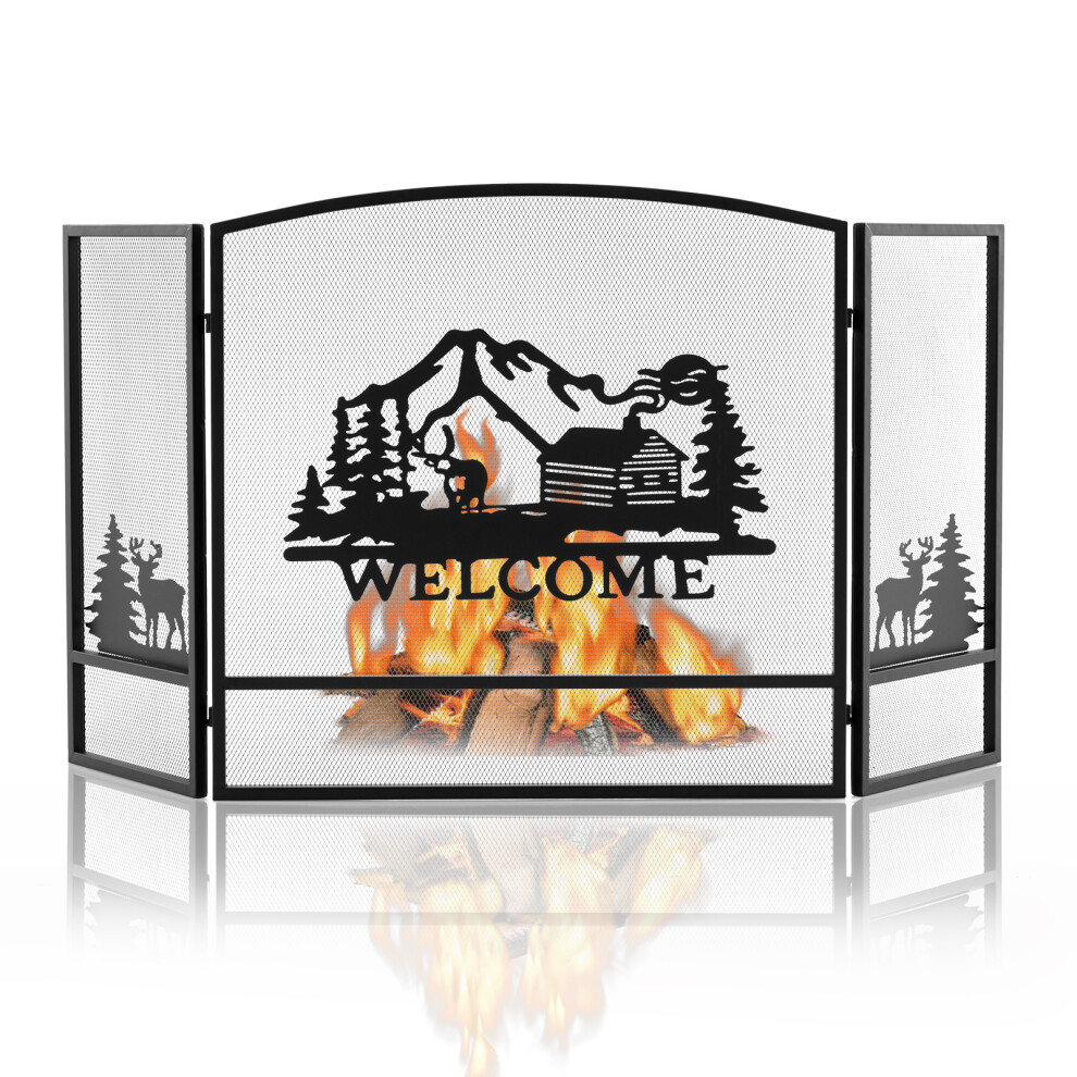 3-Panel Folding Fire Screen 75cm Tall Mesh Spark Guard w/Pattern