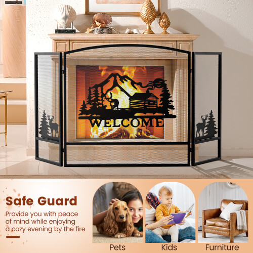Casart 3-Panel Folding Fire Screen 75cm Tall Mesh Spark Guard w/Pattern 1