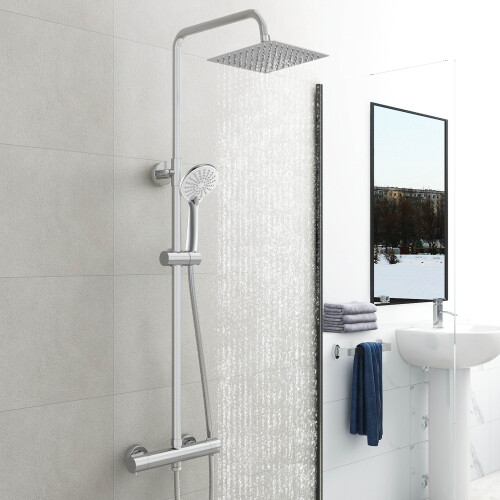 AICA Exposed Thermostatic Shower Mixer Set Twin Head Rainfall Chrome Silver
