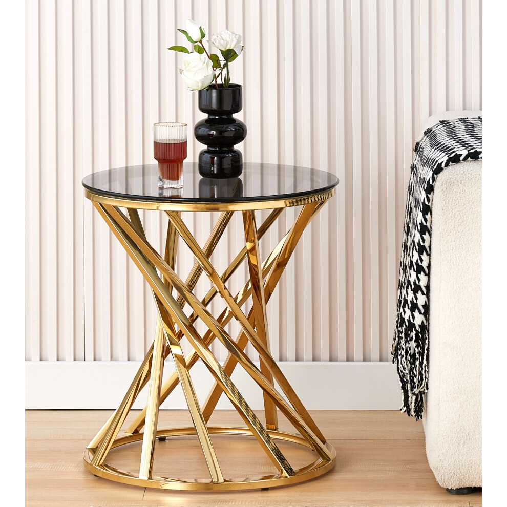 (Gold) Round Geometric Design Metal Side Table With Tinted Glass Tempered Top In Gold Or Silver