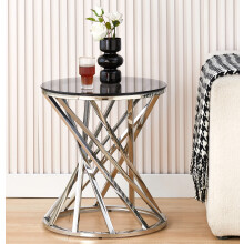 (Silver) Round Geometric Design Metal Side Table With Tinted Glass Tempered Top In Gold Or Silver