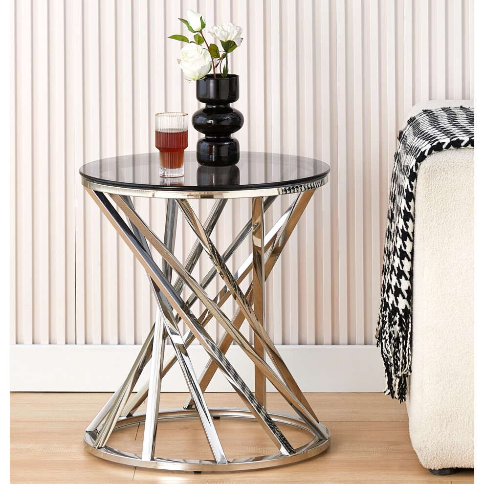 Comfy Living (Silver) Round Geometric Design Metal Side Table With Tinted Glass Tempered Top In Gold Or Silver