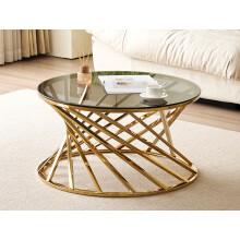 (Gold) Round Geometric Design Metal Coffee Table With Tinted Glass Tempered Top In Gold Or Silver
