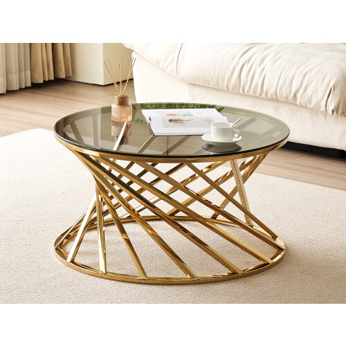 Gold Round Geometric Design Metal Coffee Table With Tinted Glass Tempered Top In Gold Or Silver