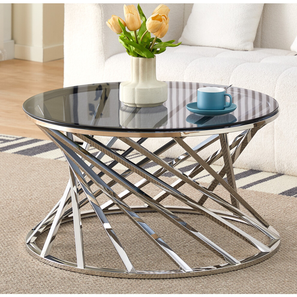 Comfy Living (Silver) Round Geometric Design Metal Coffee Table With Tinted Glass Tempered Top In Gold Or Silver