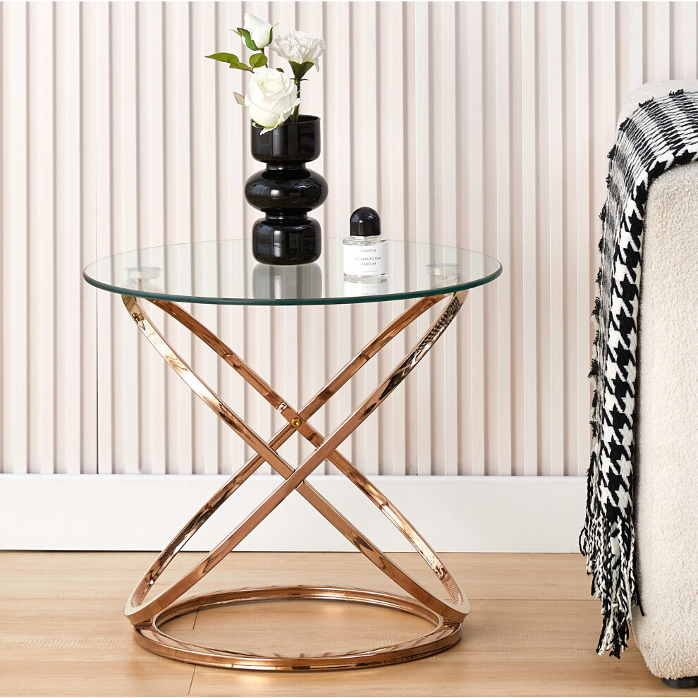 Comfy Living (Gold) Round Abstract Tempered Glass Side Table Chrome Effect Frame In Or Silver Gold