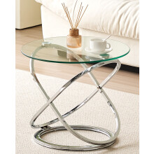 (Silver) Round Abstract Tempered Glass Side Table Chrome Effect Frame In Gold Or Silver
