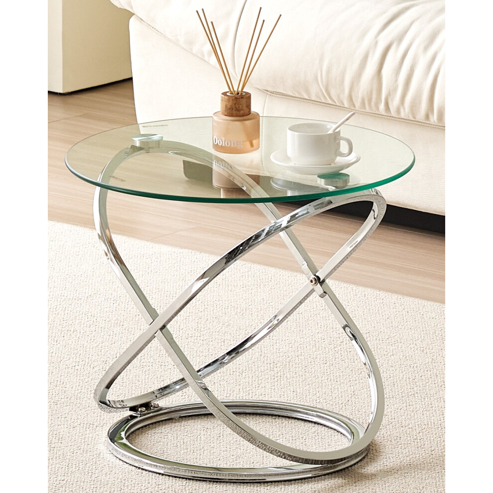 Comfy Living (Silver) Round Abstract Tempered Glass Side Table Chrome Effect Frame In Gold Or Silver