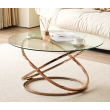 (Gold) Round Abstract Tempered Glass Coffee Table Chrome Effect Frame In Gold Or Silver