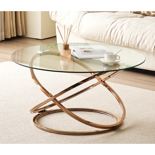 Comfy Living (Gold) Round Abstract Tempered Glass Coffee Table Chrome Effect Frame In Gold Or Silver