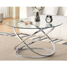(Silver) Round Abstract Tempered Glass Coffee Table Chrome Effect Frame In Gold Or Silver
