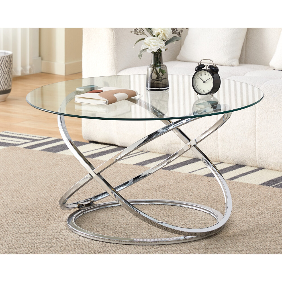 (Silver) Round Abstract Tempered Glass Coffee Table Chrome Effect Frame In Gold Or Silver