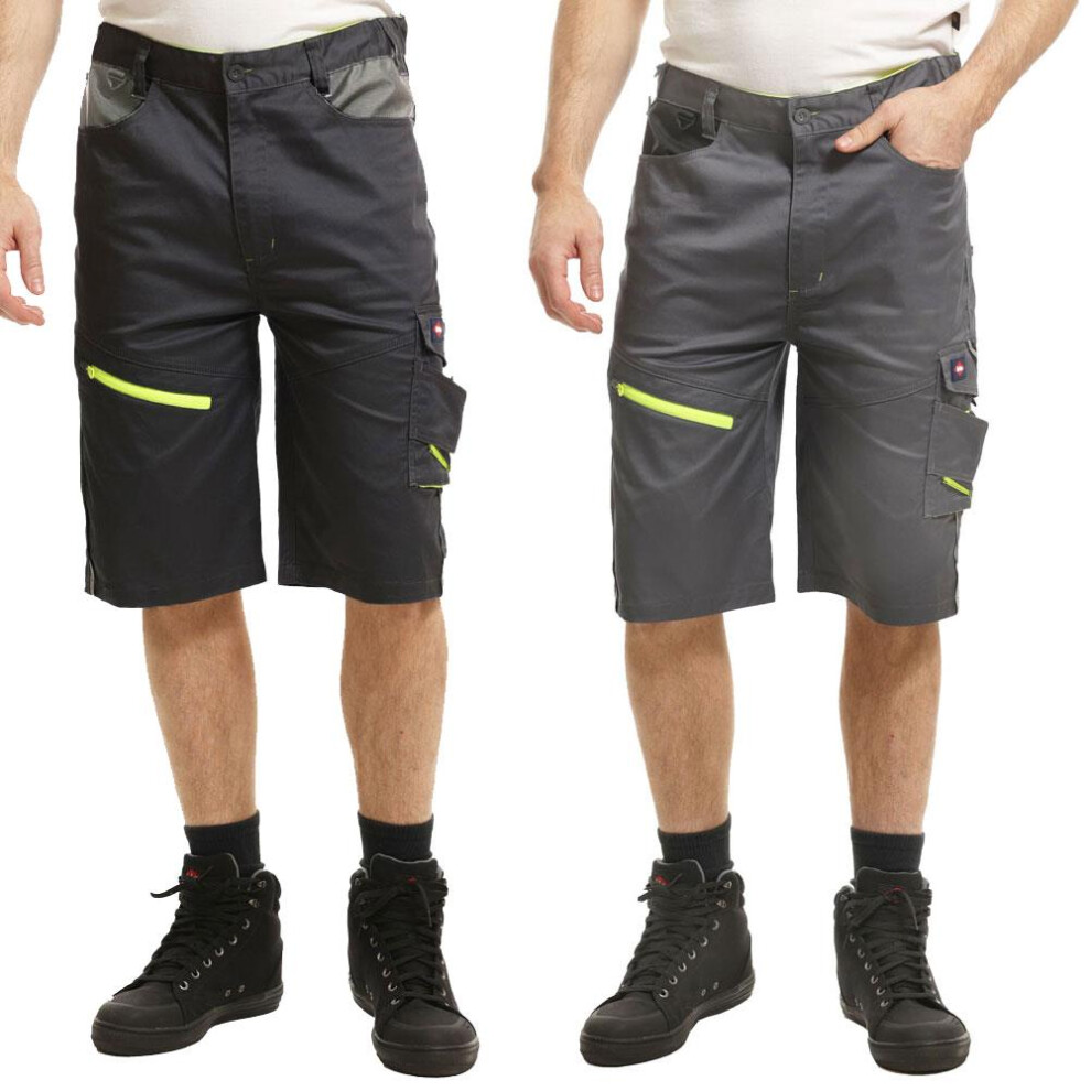 (Grey/Black, 30W) Lee Cooper Workwear Mens Reflective Trim Multi Pocket Stretch Work Cargo Shorts