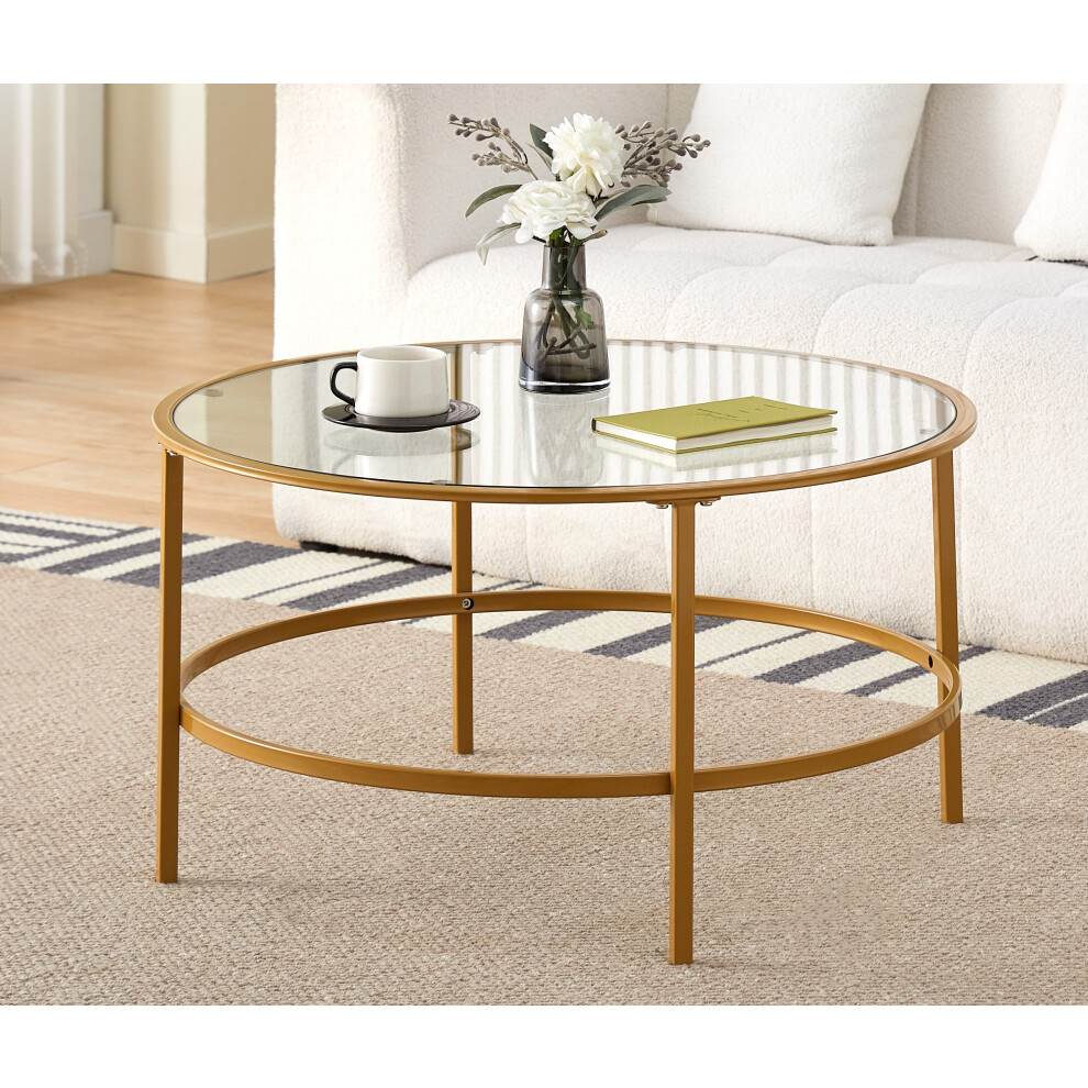 (Gold) Metal Circular Coffee Table With Glass Tempered Table Top In Black Or Gold