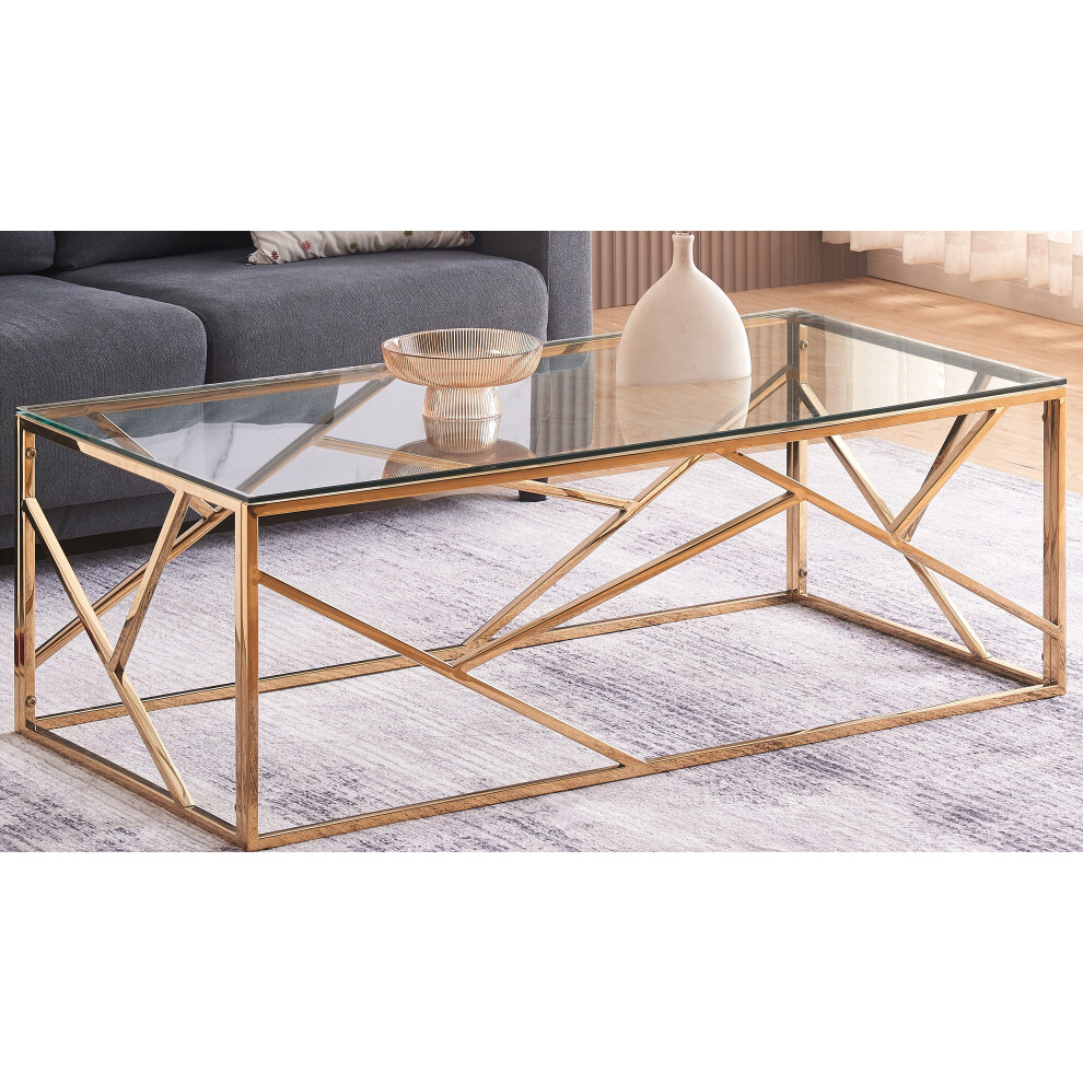 (Gold) Glass and Metal Rectangular Coffee Table In Gold Or Silver