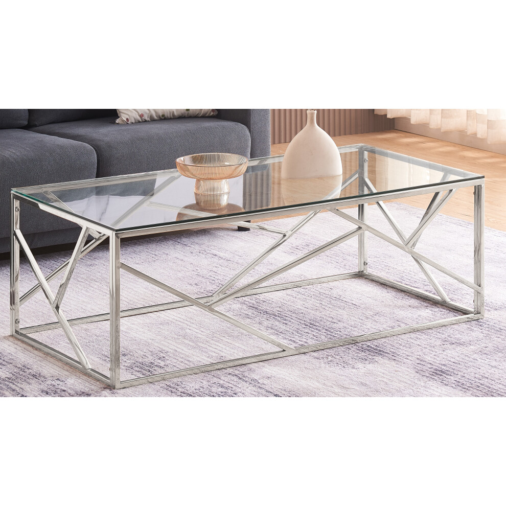 (Silver) Glass and Metal Rectangular Coffee Table In Gold Or Silver