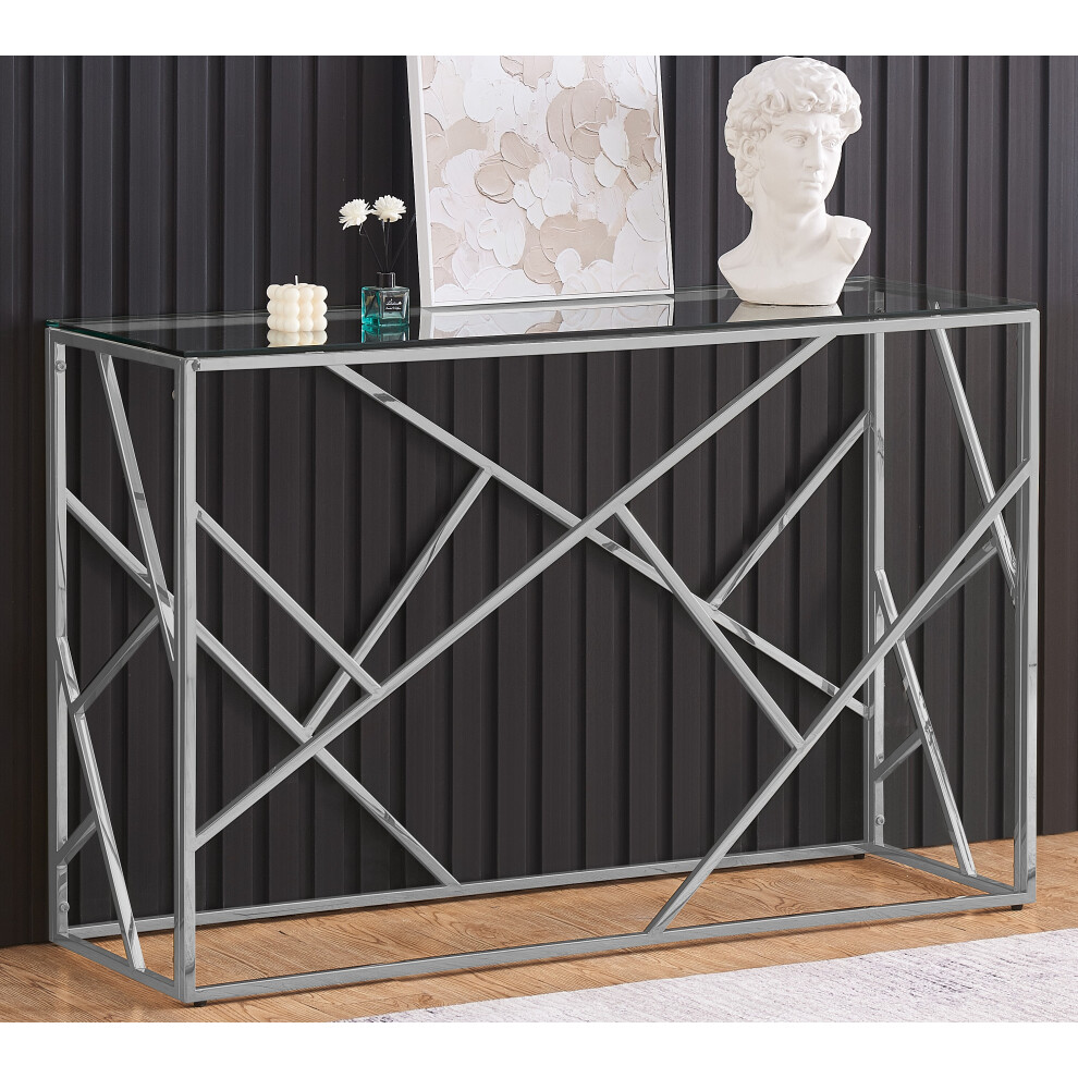 (Silver) Rectangular Glass and Metal Console Table In Gold Or Silver