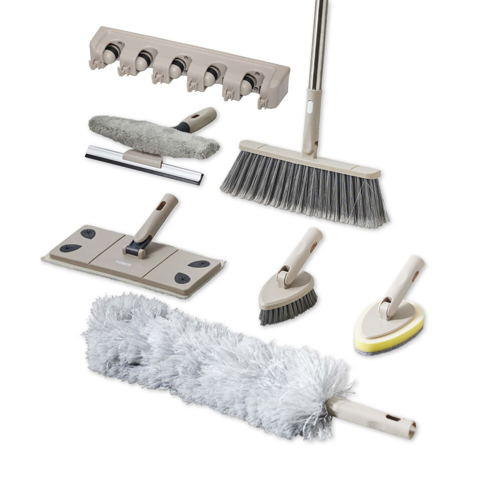 Tower Cavaletto 8 Piece Cleaning & Storage set, Three Part Handle, Flat Mop & Broom Head, Microfibre Duster, Scrubbing & Wall Holder, T869002MSH