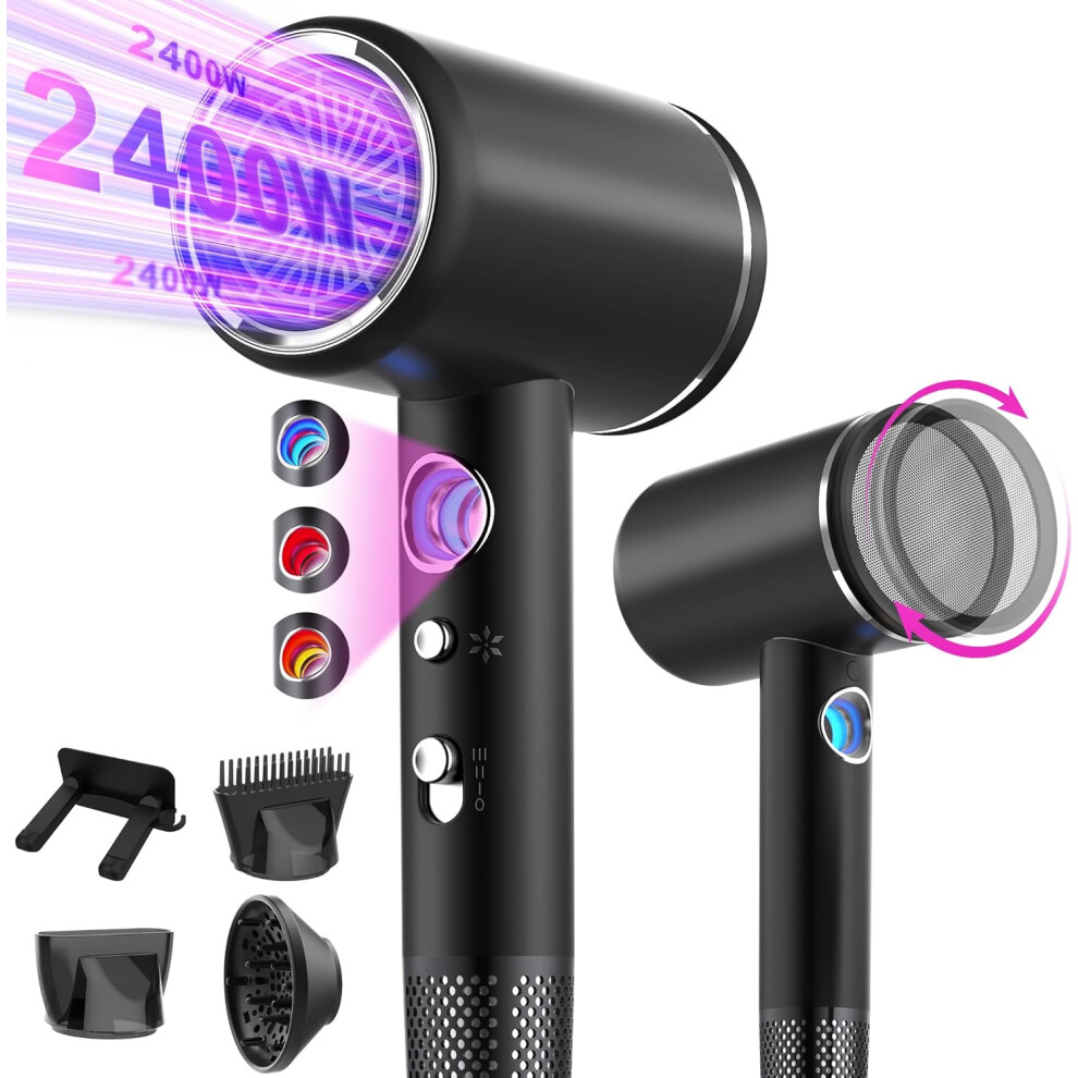 (Black) Professional Ionic Hair Dryer, Powerful AC Motor 2400W|Four-in-One Hair Dryer|Hot & Cold Buttons|Three Heats & Three Speeds|Hair Dryers & Accessories