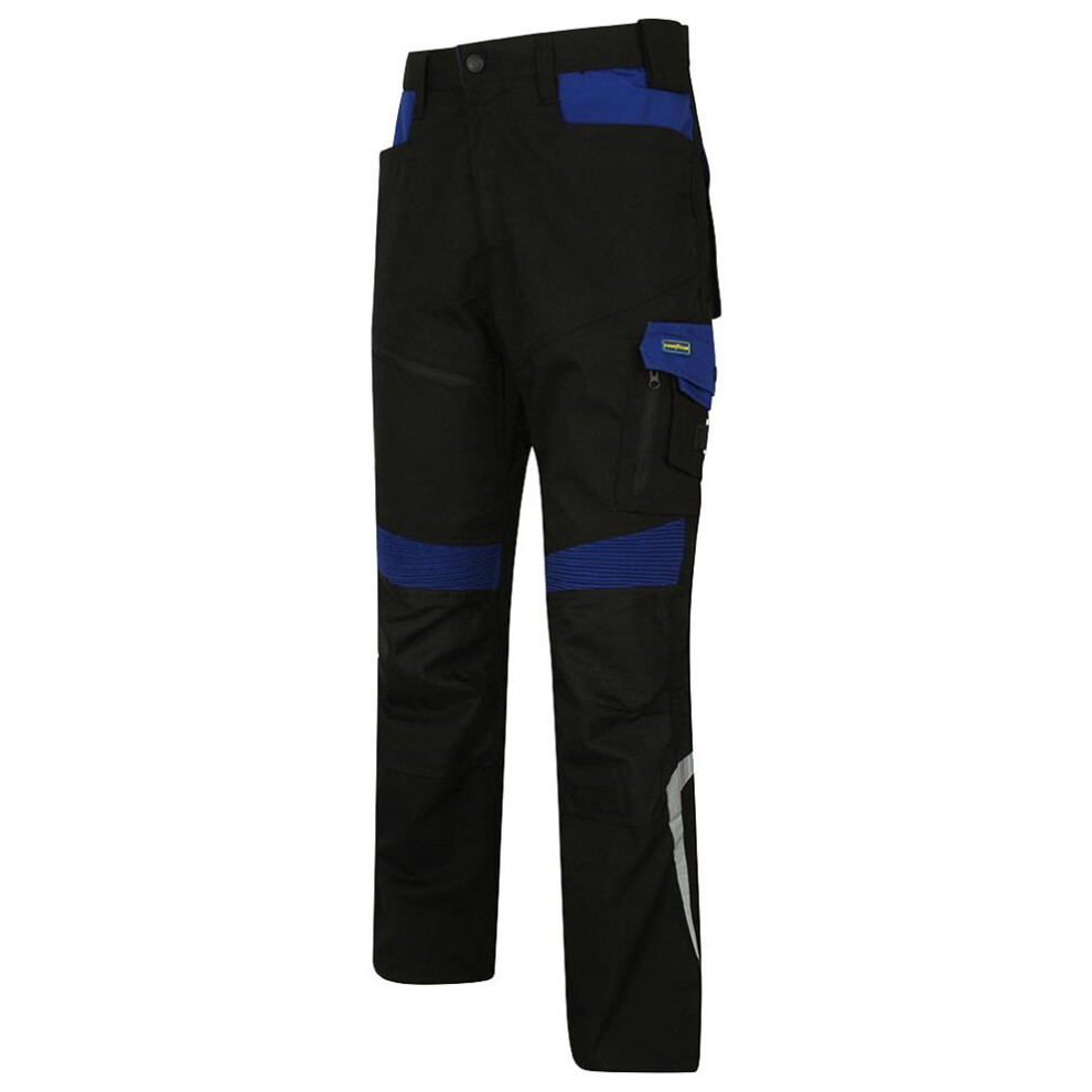 (Black/Royal Blue, 32L) Goodyear Workwear Mens Reflective Knee Pad Pocket Flex Knee Cargo Trousers 5050217290027