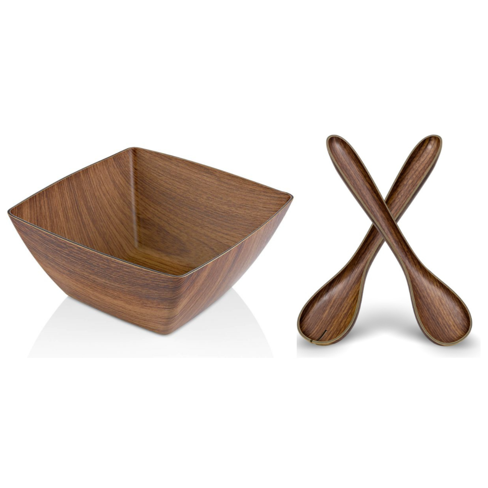 (Square Bowl + Cutlery, 23 cm) Salad Bowl Soup Wood Effect Plastic Modern Cutlery-image-OPC-PFCKFXJ-NEW