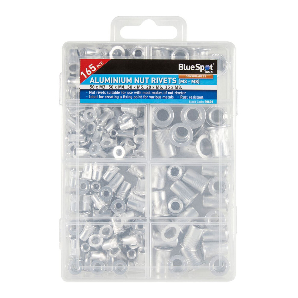 Spot Spot Tools - 165 Pce Aluminium Nut Rivets (M3 - M8) Blue