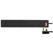 PRO ELEC - 5m 6 Way Surge Protected Extension Lead, Black