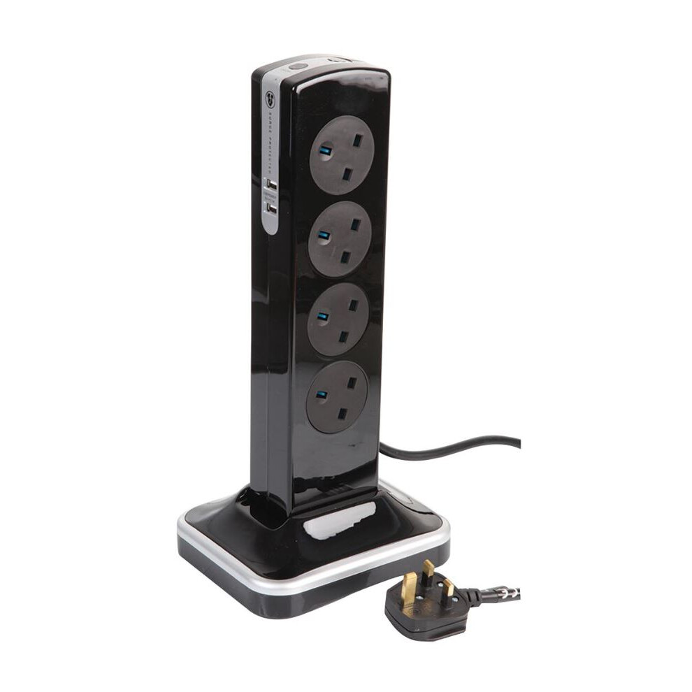 Masterplug - 8 Gang Surge Protected Extension Tower With 2X Usb, 2M Lead 3561214132484