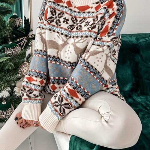 (Multicolor, 8) Christmas Crew Neck Pullover Sweater, Cute Long Sleeve Oversized Sweater