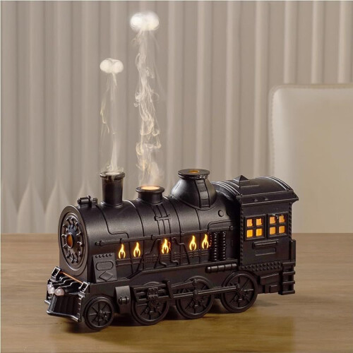 (Black) Train-Shaped USB Essential Oil Diffuser With Night Light And Remote Control