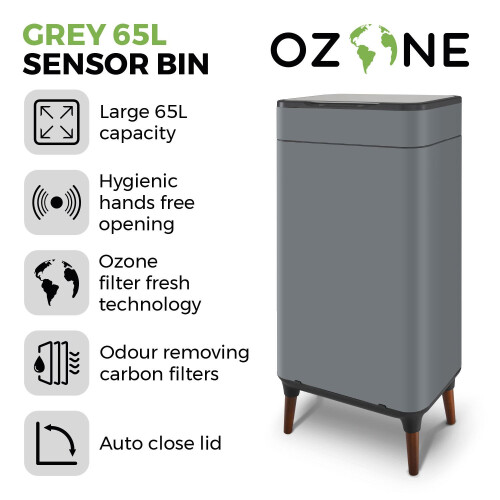 Tower Tower Ozone Sensor Bin with Legs, 65L, Hands Free Opening, Carbon Filter, Grey T938022GRY 2