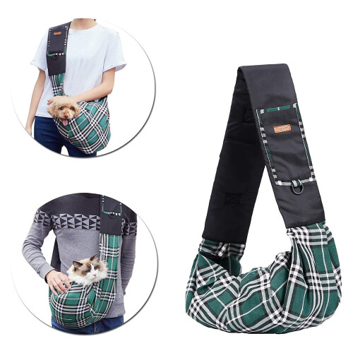 Pet Sling Bag Classic Checked Design Dog Cat Bag Shoulder,Green