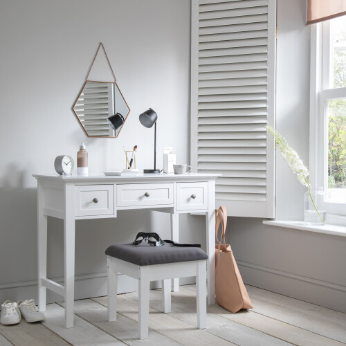 Noa and Nani Karlstad White Dressing Table with 3 Drawers and Stool – Solid Pine, 100x45 cm