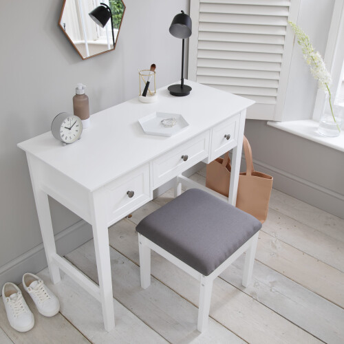 Noa and Nani Karlstad White Dressing Table with 3 Drawers and Stool – Solid Pine, 100x45 cm 1