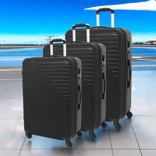 (Black) 3 Pcs Suitcase Set ABS Hard Shell 4 Wheel Trolley 2