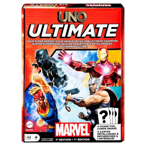UNO Mattel Games UNO Ultimate Marvel Κάρτες με 4 Χαρακτήρες, 4 Συλλεκτικές Κάρτες & Κανόνες, 2-4 Παίκτες 1