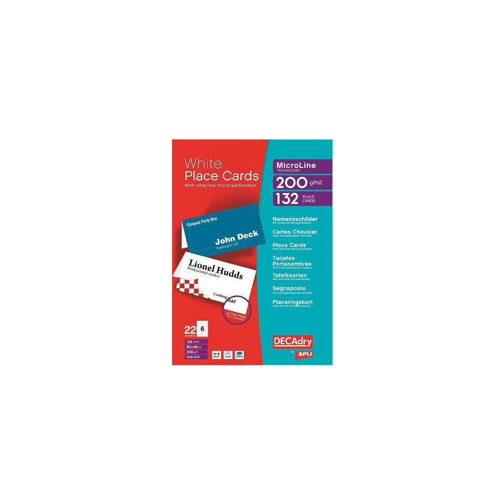 Decadry Place Cards 85X46mm Pack 132 White 200Gsm - 6 Per A4 Sheet