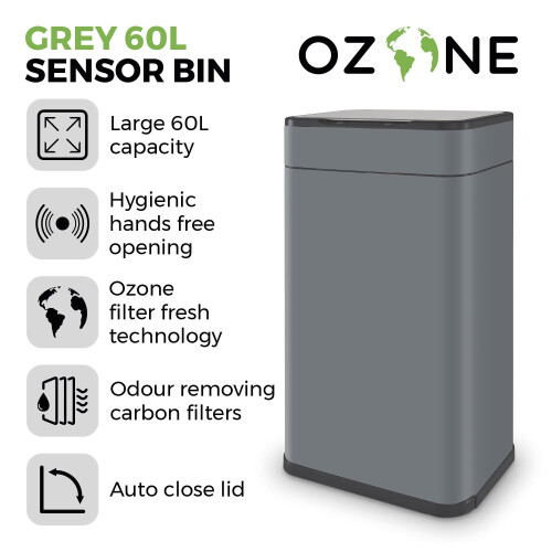 Tower Tower Ozone Sensor Bin, 60L, Hands Free Opening, Carbon Filter, Grey T938023GRY 2